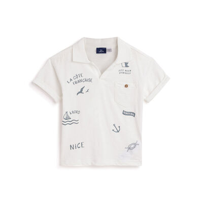 Boys White Printed Short Sleeve Polo